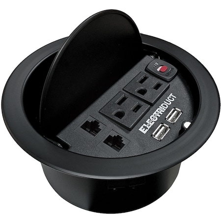 Electriduct Power Centers, Round, USB, 5-15R, 6 ft., Black PDC-SW-GMPT-METAL-BK